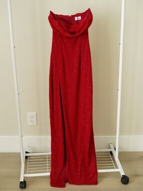 La Rochette Embellished Strapless Cowl-Neck Maxi Dress in True Red Size UK6 US2